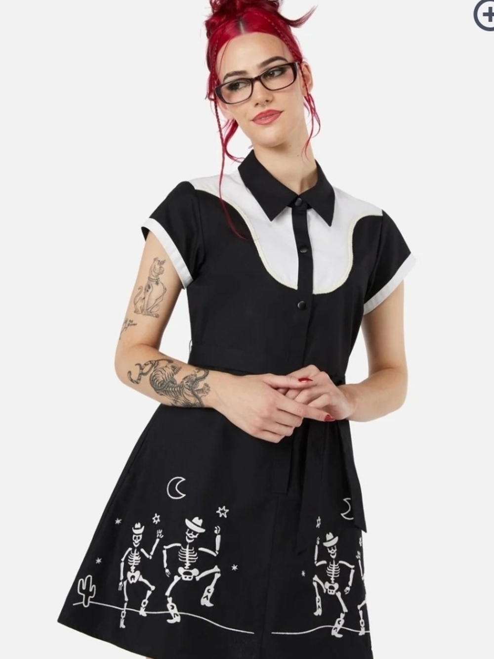 Black and White Retro Collar Dress with Skeleton Print Skelly Skater